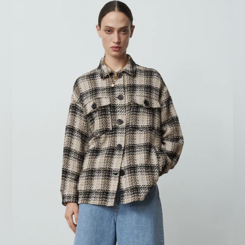 Zara Texture Check Overshirt Shacket Shirt Jacket Beige Black Size Small